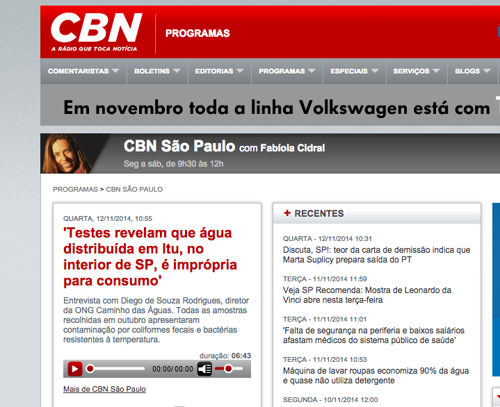 Entrevista para a CBN sobre projeto da Caminho das Águas